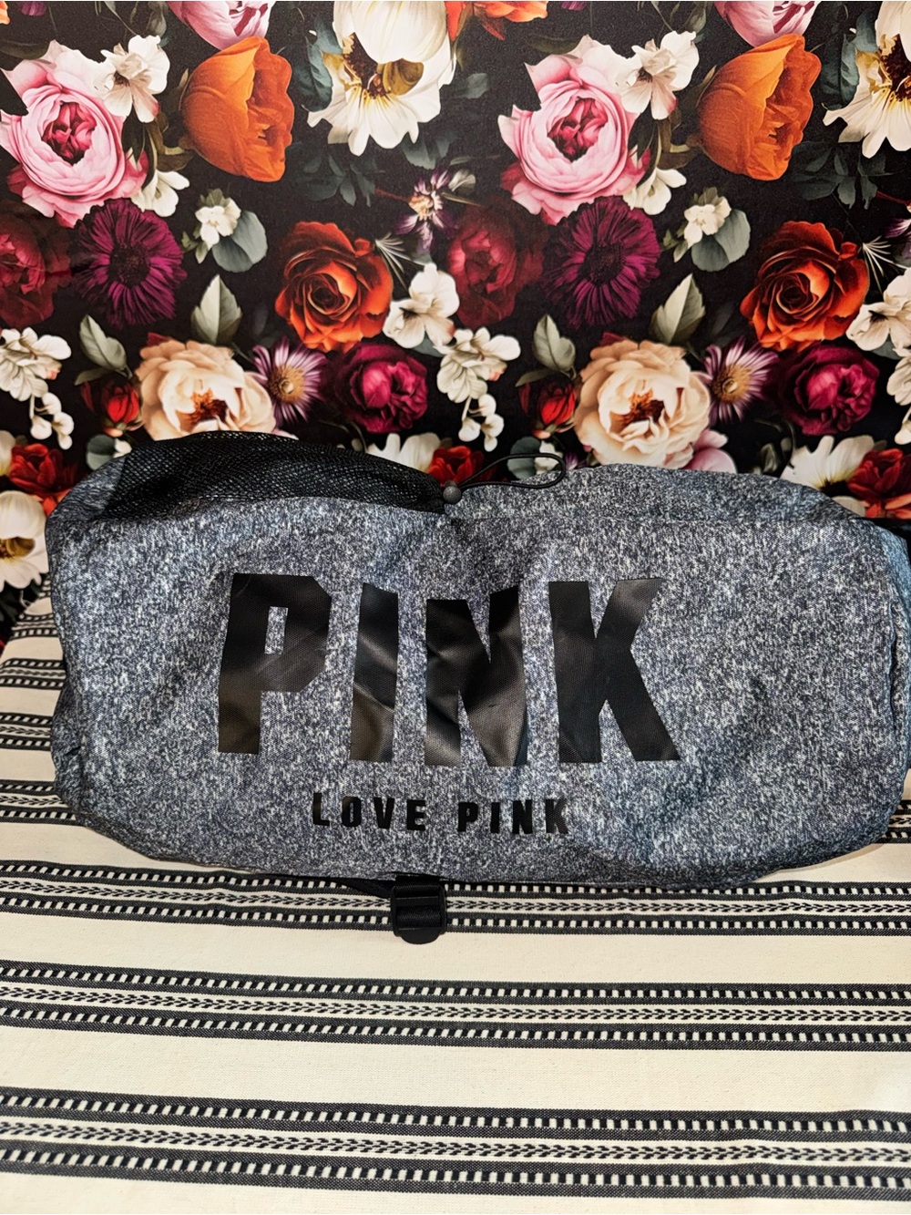 Vintage PINK Victoria's Secret Gray Heather Sling Travel Duffle with Black Logo